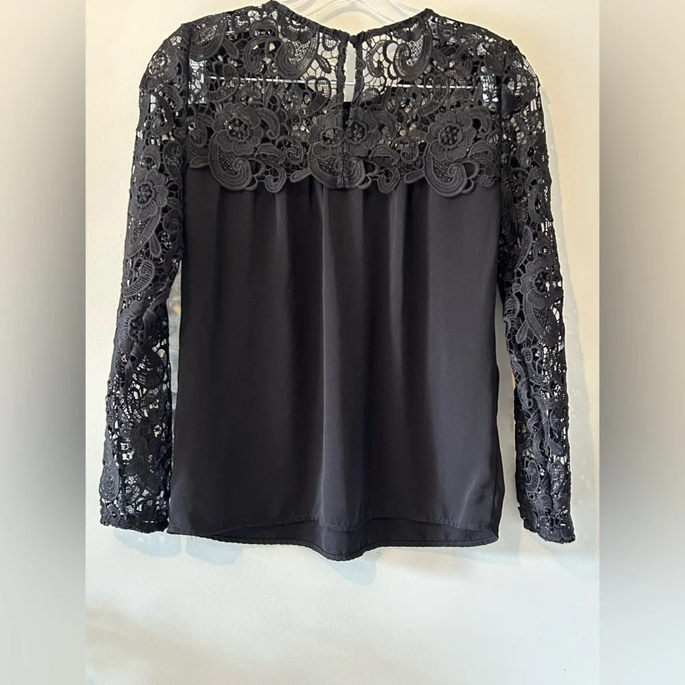 J.Crew Black Lace Long Sleeve Blouse XXS – Elegant Sheer Yoke Holiday Party Top
